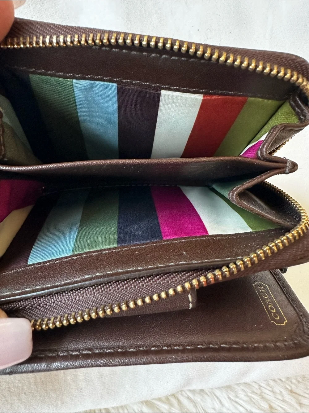 Coach Signature Stripe Bifold Wallet Brown Khaki Canvas Leather Snap Zip Wallet